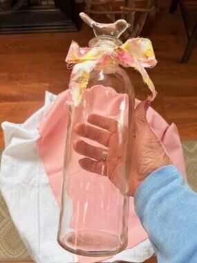 Cute!  Clear Apothecary Bottle With a Clear Glass Bird Stopper